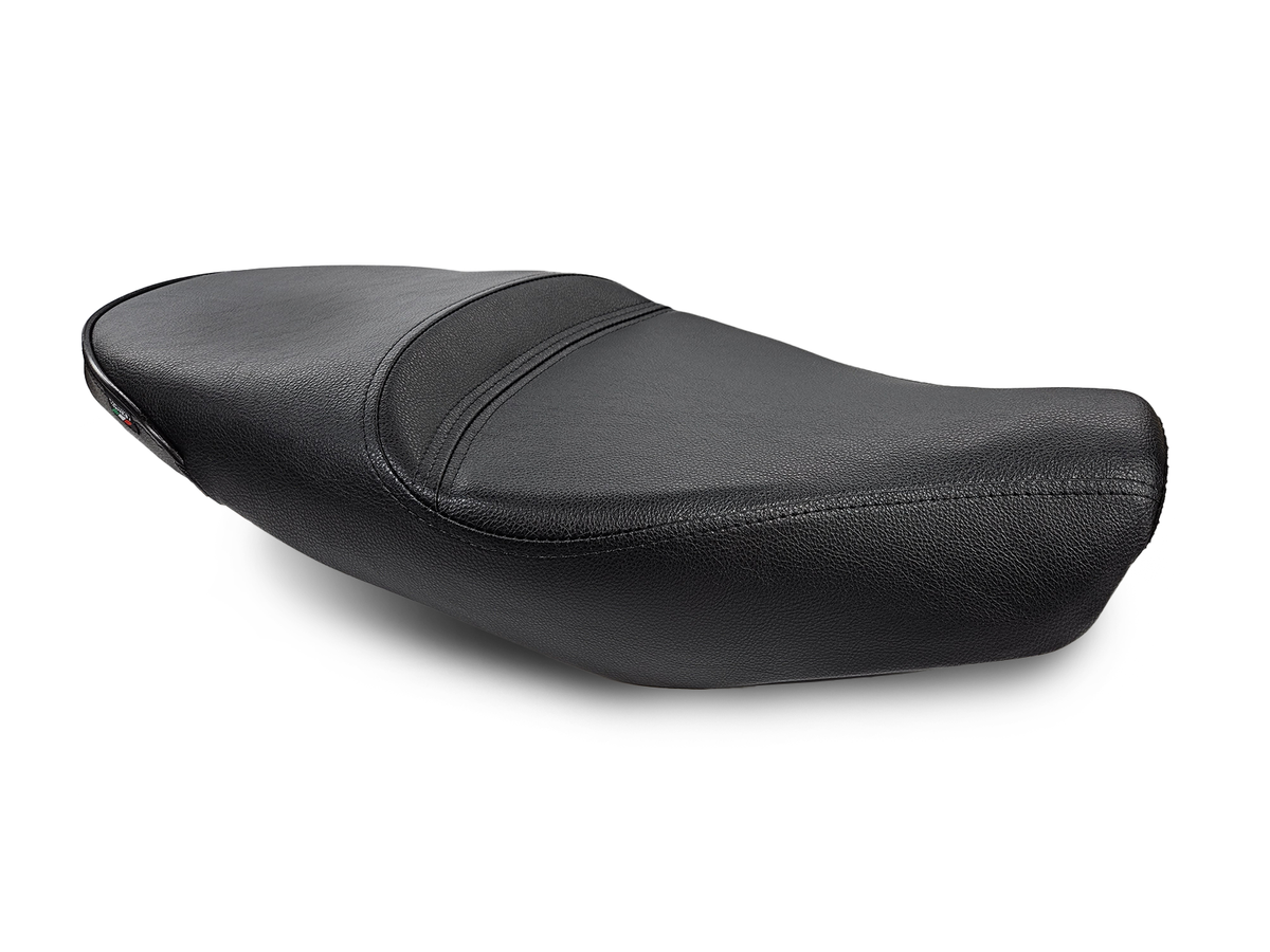Sargent Motorcycle Seat on the Ducati Scrambler in the pebbly Vintage black.